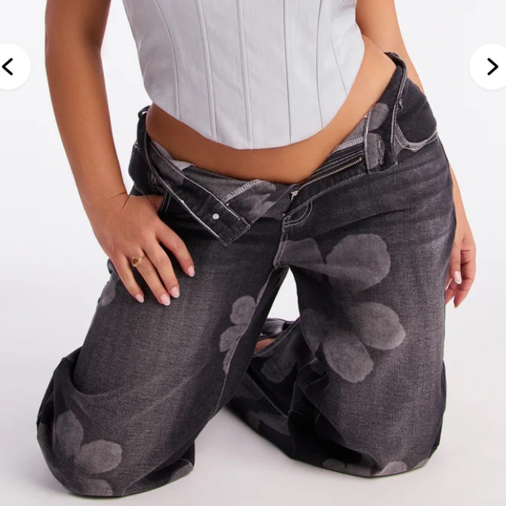 Floral Print Wide Leg Jeans - Black with Washed White Flowers - Picture 12 of 15